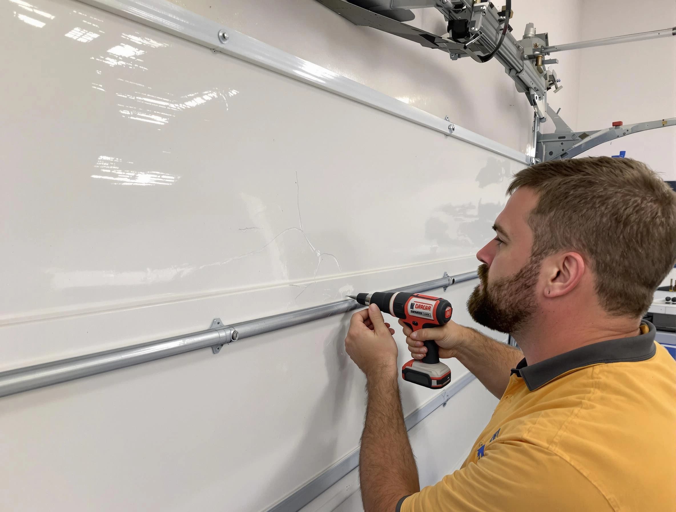 Buffalo Grove Garage Door Repair expert performing dent repair on garage door in Buffalo Grove