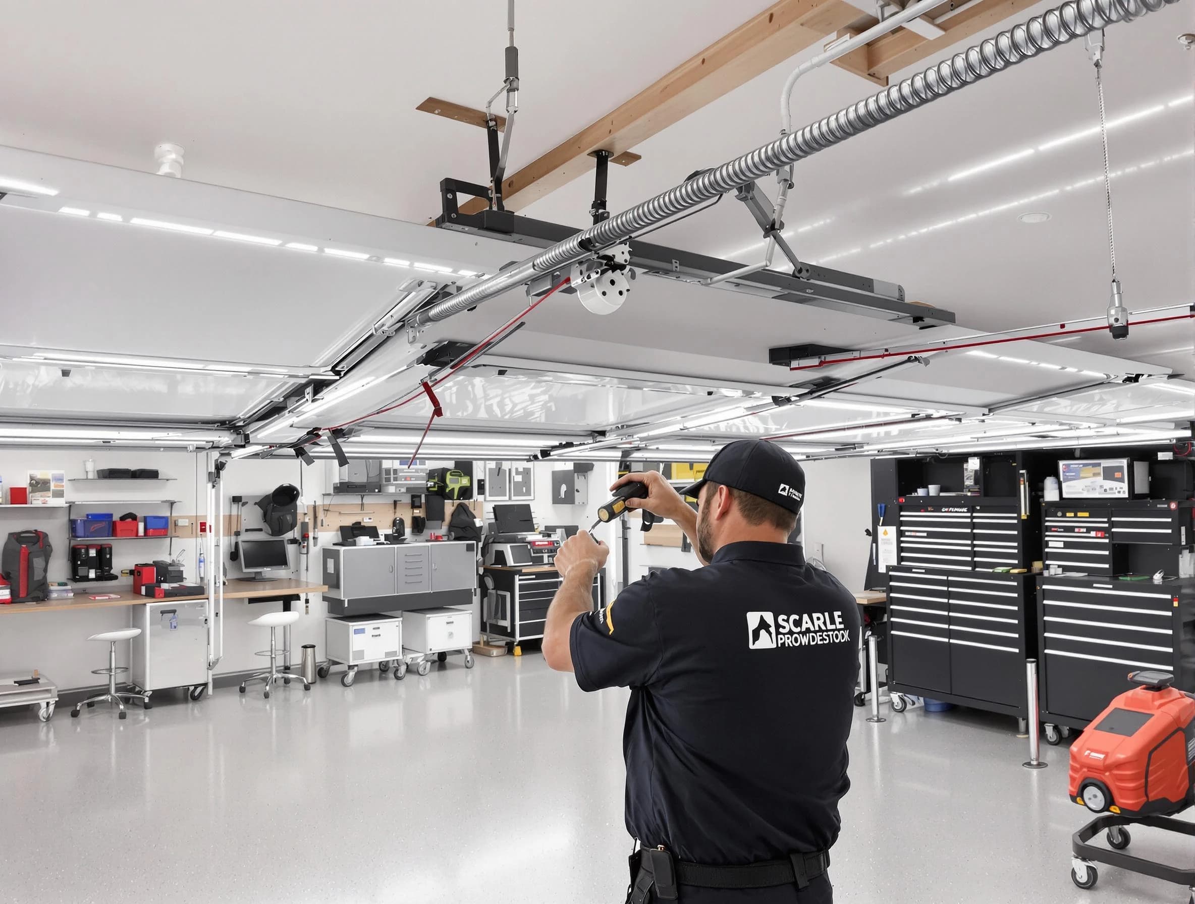 Buffalo Grove Garage Door Repair technician repairing overhead garage door in Buffalo Grove