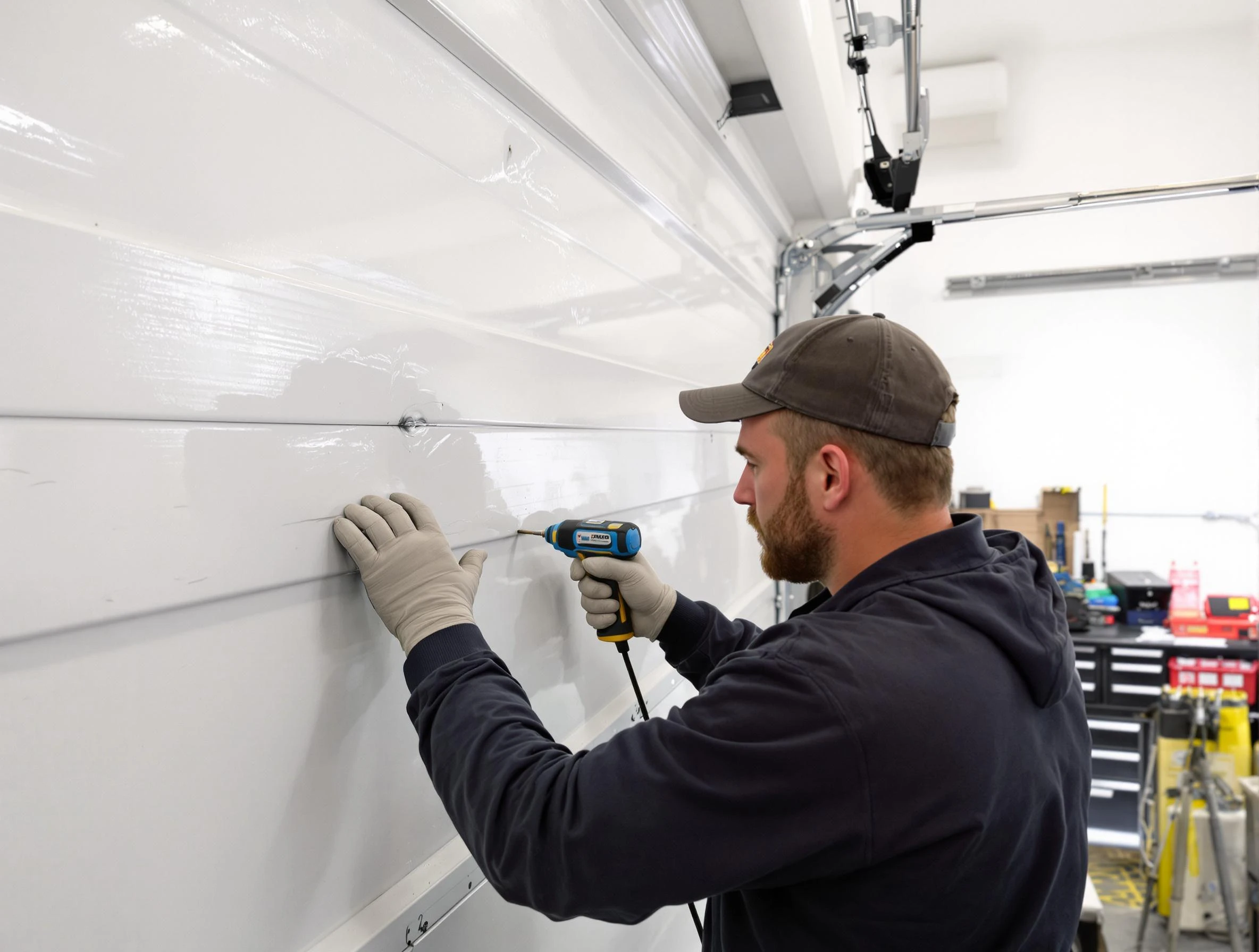 Buffalo Grove Garage Door Repair technician demonstrating precision dent removal techniques on a Buffalo Grove garage door