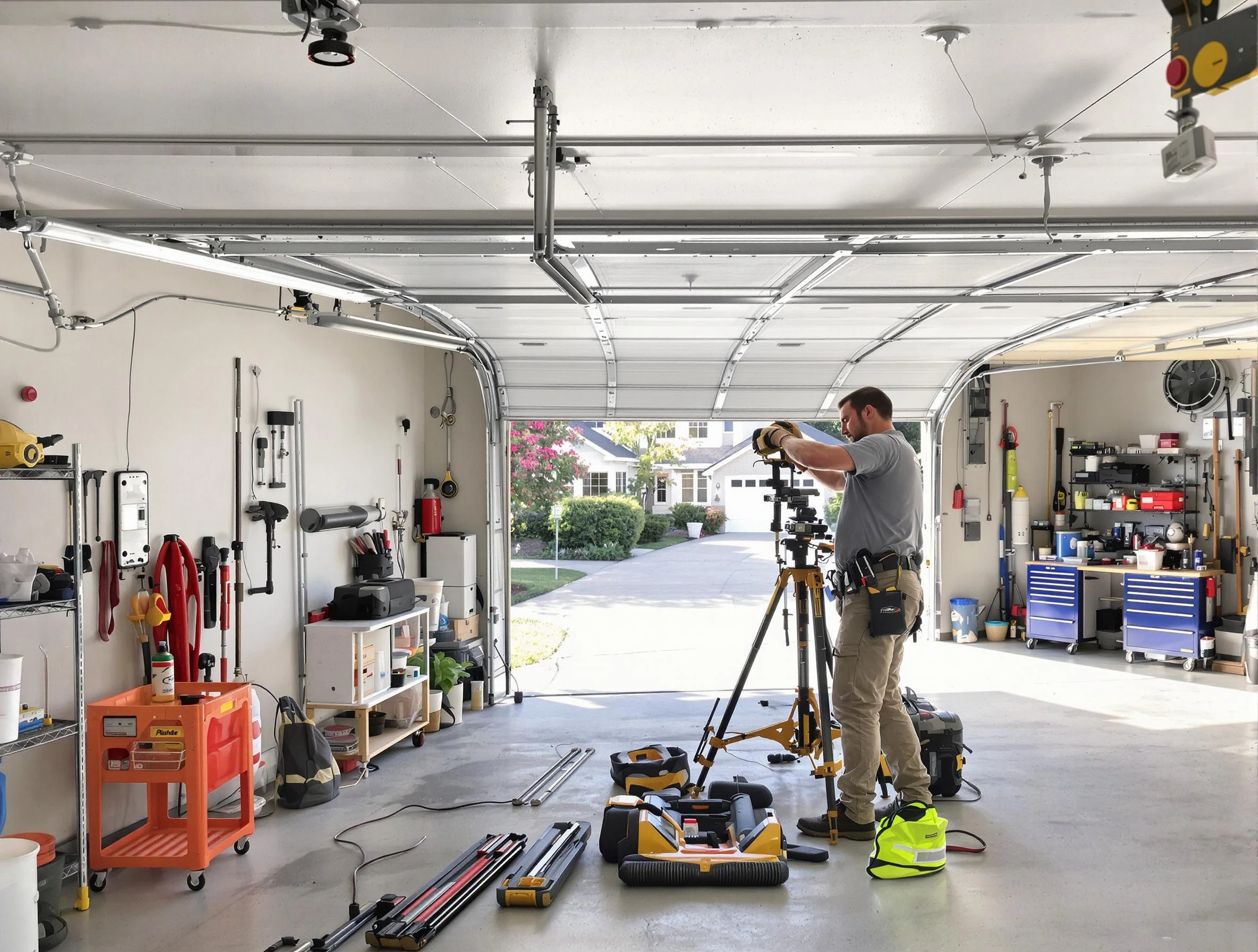 Buffalo Grove Garage Door Repair specialist performing laser-guided track alignment in Buffalo Grove